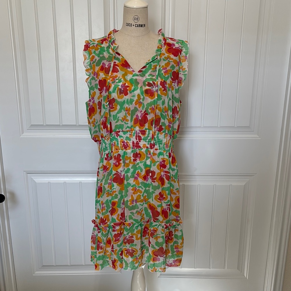 CAbi Red and Green Floral Midi Dress